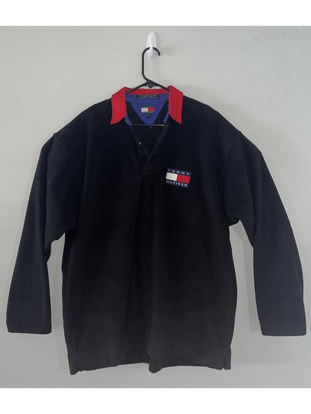 Vintage Tommy Hilfiger 1/4 Button Sweatshirt Men's Sz Medium Black 90s Fleece